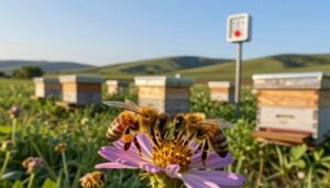 A serene apiary scene under a clear blue sky, with a close-up of healthy honeybees actively working on vibrant flowers in
