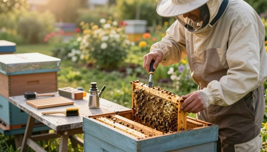 A serene apiary scene under soft afternoon sunlight, focusing on a beehive in pristine condition with a beekeeper in modest, professional attire examining the hive using a hive tool. In the foreground, show the beekeeper meticulously inspecting the frames for disease, ensuring the health of the brood. The middle ground features a well-organized array of tools for inspection, such as a smoker, bee brush, and inspection boards, neatly arranged on a rustic table. The background reveals a lush garden with flowering plants, providing a habitat for bees, and soft bokeh effect to enhance depth. The overall atmosphere is tranquil and informative, underscoring the importance of best practices in hive management and maintenance.