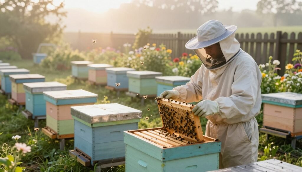 A serene apiary setting during early morning light, with vibrant sun rays filtering through a gentle mist. In the foreground, a beekeeper in a light-colored suit and protective gear inspects a hive, showcasing attention to detail in biosecurity practices. The middle ground reveals neatly arranged hives, each painted with pastel colors, symbolizing harmony in nature. Bees are busily flying around, illustrating a healthy ecosystem. In the background, a lush garden filled with flowering plants and a wooden fence adds depth and context, emphasizing a tranquil environment. The overall atmosphere is peaceful yet alert, highlighting the importance of maintaining biosecurity in an apiary to prevent disease spread among bee colonies.