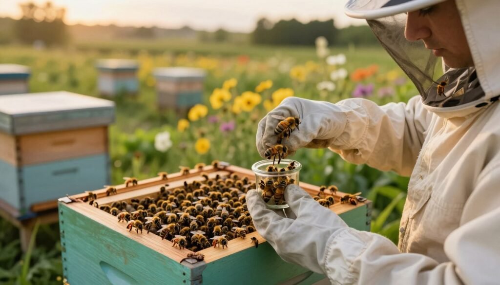 A serene apiary setting during golden hour, with a soft, warm glow illuminating the scene. In the foreground, a skilled beekeeper, dressed in a protective suit and gloves, gently holds a newly introduced queen bee in a small glass container, showcasing her distinct features, such as her elongated body and vibrant coloration. The middle section reveals a vibrant bee colony buzzing around a wooden hive, illustrating a mix of calm and curiosity from the worker bees. In the background, blooming flowers and lush greenery provide a tranquil environment, enhancing the peaceful mood of the scene. The image emphasizes safety and care in beekeeping, with a focus on harmonious interaction between the beekeeper and the bees. The angle is slightly elevated, capturing the action from a thoughtful perspective.