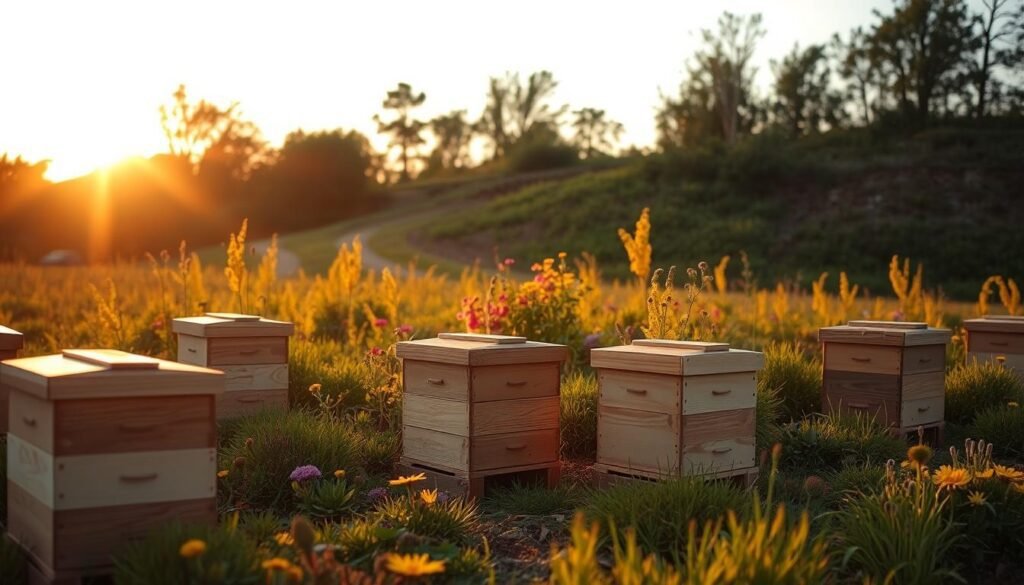 A serene apiary setting during the golden hour, focusing on an outdoor scene of strategically placed swarm traps. In the foreground, several wooden swarm traps are neatly arranged, showcasing their design features. The middle ground features vibrant wildflowers and lush greenery, symbolizing a healthy environment for bees. In the background, a gentle slope leads to a wooded area, creating a sense of depth and tranquility. The lighting is warm and inviting, casting soft shadows and highlighting the textures of the traps and flora. The air is filled with a sense of purpose and harmony, emphasizing the strategic placement essential for attracting swarms effectively. The overall mood is peaceful, reflective of nature’s beauty and the importance of thoughtful apiary management.