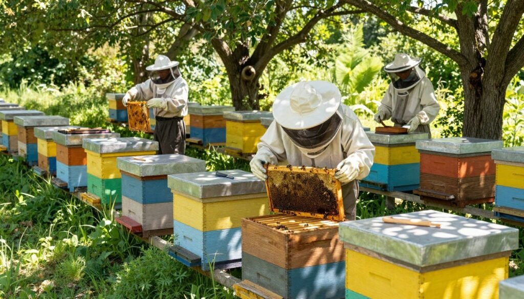 A serene apiary setting showcasing vibrant, healthy beehives surrounded by lush greenery. In the foreground, emphasize a variety of nonchemical hive protection strategies: wooden barriers and natural repellents, with hints of herbs and plants known for repelling pests nearby. The middle ground features workers in modest, professional attire examining the hives, focused on inspecting for small hive beetle slime, with tools laid out carefully beside them. In the background, soft sunlight filters through the branches, casting dappled shadows on the scene, creating a peaceful and harmonious atmosphere. Use a wide-angle perspective to capture the entire setting, highlighting the connection between nature and beekeeping while ensuring the focus remains on the protective measures in place.