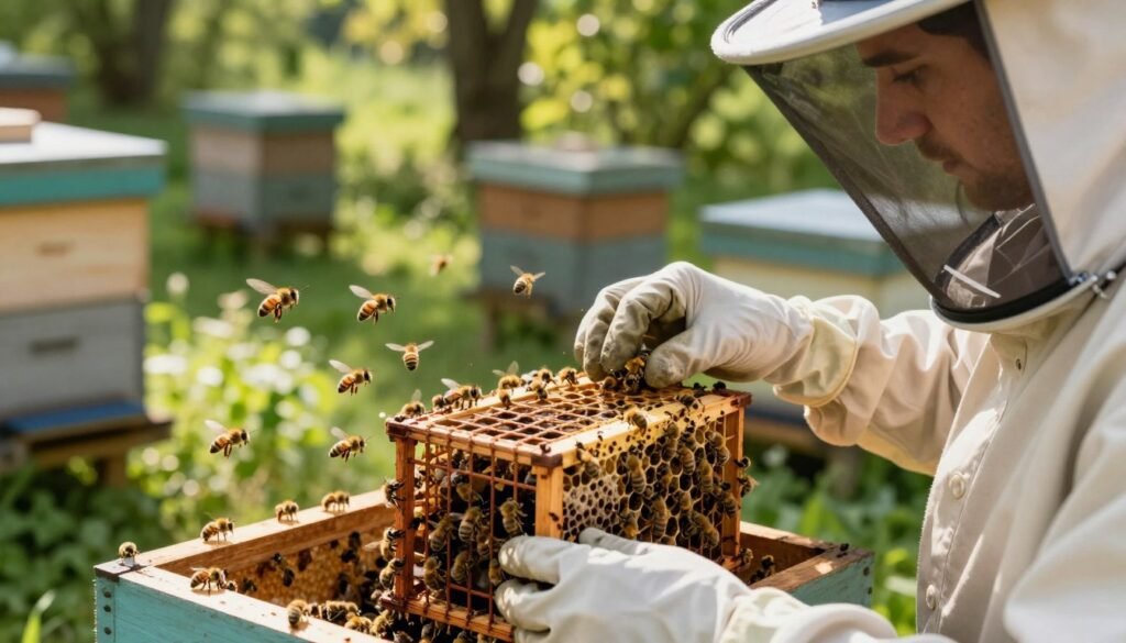 A serene apiary setting with a close-up of a new queen bee being carefully introduced into a bee colony. In the foreground, a beekeeper in professional attire, wearing a protective veil and gloves, gently holds a small queen cage, showcasing the beautifully marked queen bee inside. The middle ground features the bustling activity of worker bees, some hovering and some on the honeycomb, creating a sense of urgency and tension. The background is composed of lush greenery and sunlit hives, with soft sunlight filtering through the trees, casting gentle dappled shadows. The mood is one of anticipation mixed with caution, highlighting the delicate dynamics of introducing a new queen within the hive. The image conveys the complexity of beekeeping, focusing on the human element in a natural setting.