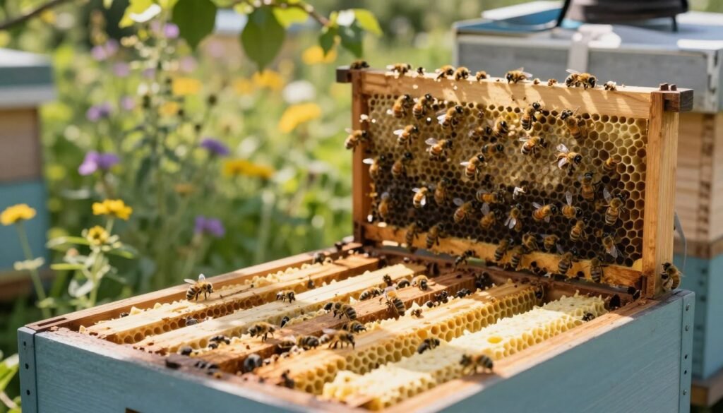 A serene apiary showcasing natural beekeeping methods, with a close-up view of starter strips positioned prominently in the foreground. The strips are composed of thin wooden frames, some partially filled with beeswax, emphasizing their natural texture. In the middle ground, a beehive filled with busy bees is depicted, with sunlight filtering through leaves, casting dappled shadows on the hive. The background features a lush garden, blooming wildflowers, and green foliage creating a tranquil atmosphere. The image should be bright and warm, emphasizing a sense of harmony between nature and beekeeping. Use a soft focus lens effect to enhance the peaceful, inviting mood, capturing the essence of sustainable beekeeping practices.