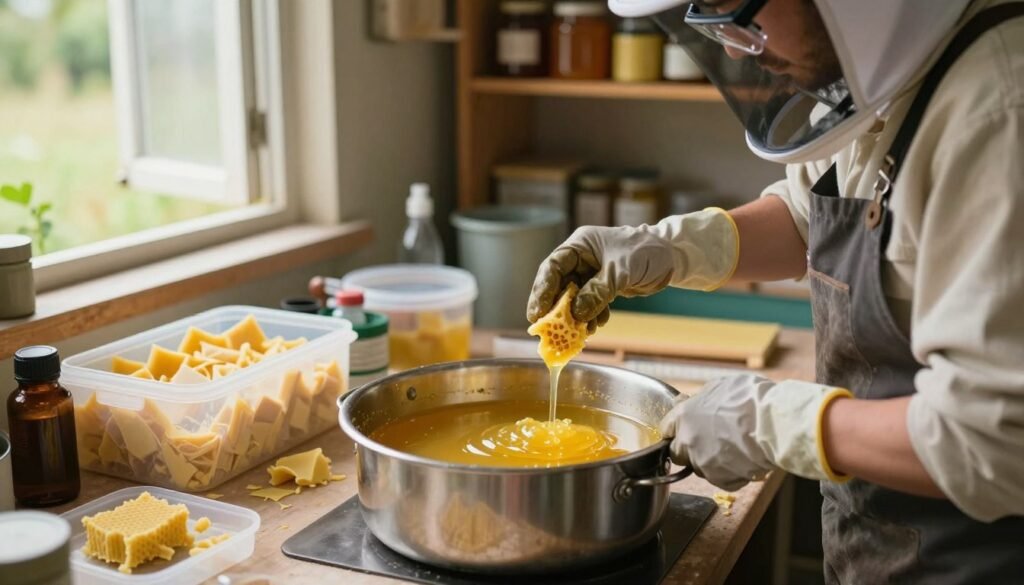 A serene apiary workshop scene, focusing on the process of melting beeswax scraps for repurposing. In the foreground, a stainless steel double boiler filled with melting golden beeswax, its surface glistening warmly. A skilled beekeeper in modest casual clothing attends to the boiler, wearing safety gloves and goggles, emphasizing safety practices. In the middle ground, neatly arranged containers hold wax scraps, alongside tools for processing. The background features shelves stocked with beekeeping supplies and honey jars, bathed in soft, natural lighting that creates a warm and inviting atmosphere. A gentle breeze flows through an open window, hinting at the outdoor hive, while the overall mood is calm, focused, and professional.
