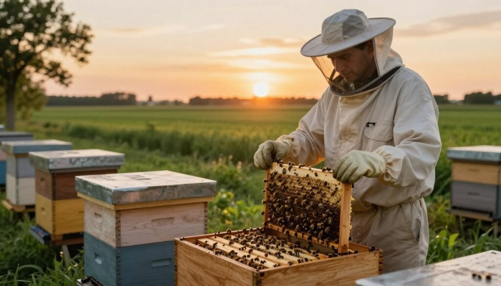 A serene apiary yard during golden hour, featuring a well-structured hive setup in the foreground with bees actively working. In the middle ground, a beekeeper in professional attire inspects the hives, assessing their health and productivity. The background showcases lush green fields under a vibrant sunset sky, symbolizing growth and sustainability. Soft, warm lighting highlights the bees and the beekeeper’s focused expression, emphasizing the diligence required to mitigate losses. The atmosphere conveys a sense of calm responsibility and proactive management, portraying the significance of preserving resources to protect profitability in apiary endeavors. A serene apiary yard during golden hour, featuring a well-structured hive setup in the foreground with bees actively working. In the middle ground, a beekeeper in professional attire inspects the hives, assessing their health and productivity. The background showcases lush green fields under a vibrant sunset sky, symbolizing growth and sustainability. Soft, warm lighting highlights the bees and the beekeeper’s focused expression, emphasizing the diligence required to mitigate losses. The atmosphere conveys a sense of calm responsibility and proactive management, portraying the significance of preserving resources to protect profitability in apiary endeavors.
