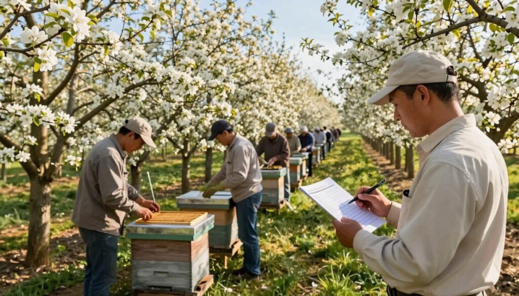 A serene apple orchard during the bloom period, showcasing rows of flowering trees with vibrant white blossoms. In the foreground, a professional wearing a lightweight, breathable long-sleeve shirt and hat, examines a pesticide application chart while holding a smartphone. In the middle ground, a team of agricultural workers in similar modest attire carefully checks beehives for pollination activity, ensuring optimal hive density. The background features sun-drenched trees under a clear blue sky, creating a peaceful atmosphere, symbolizing careful management of pesticide exposure. Soft, golden light highlights the blossoms, conveying a sense of hope and growth, with a focus on creating a harmonious balance between agriculture and pollination health. A serene apple orchard during the bloom period, showcasing rows of flowering trees with vibrant white blossoms. In the foreground, a professional wearing a lightweight, breathable long-sleeve shirt and hat, examines a pesticide application chart while holding a smartphone. In the middle ground, a team of agricultural workers in similar modest attire carefully checks beehives for pollination activity, ensuring optimal hive density. The background features sun-drenched trees under a clear blue sky, creating a peaceful atmosphere, symbolizing careful management of pesticide exposure. Soft, golden light highlights the blossoms, conveying a sense of hope and growth, with a focus on creating a harmonious balance between agriculture and pollination health.