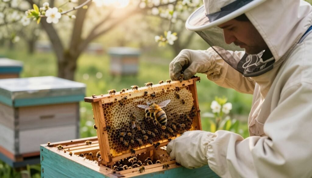 A serene, atmospheric setting depicting a beekeeper gently releasing a queen bee into a hive. In the foreground, the beekeeper, dressed in a professional bee suit with a veil, carefully holds a small queen cage. The queen bee is distinctly visible, surrounded by a few worker bees, retaining a natural environment. In the middle ground, the hive is detailed, showcasing wooden frames filled with wax comb and bees bustling inside and outside. The background features flowering plants and soft sunlight filtering through trees, creating a warm, inviting mood. Soft focus on the background enhances the clarity of the beekeeper and the queen bee, capturing the essence of a calm spring day as the installation technique is modified for optimal bee health.