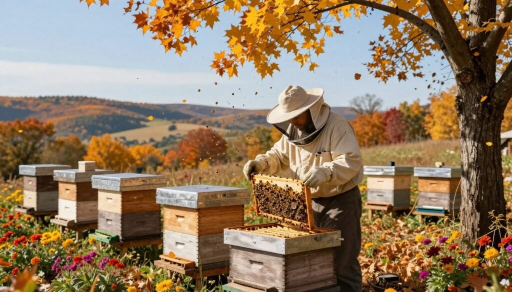 A serene autumn landscape showcasing a bee sanctuary, with warm golden and orange leaves gently falling from trees. In the foreground, a professional beekeeper in modest casual clothing carefully inspects a beehive, ensuring the health of winter bees. The hive is surrounded by vibrant flowers that bloom in late autumn, creating a contrast against the earthy tones. In the middle ground, several hives stand nestled among colorful foliage, capturing the essence of seasonal bee care. The background features a soft focus of rolling hills under a clear blue sky, filtered sunlight casting a warm glow over the scene, enhancing the tranquil and nurturing atmosphere of preparing bees for winter.