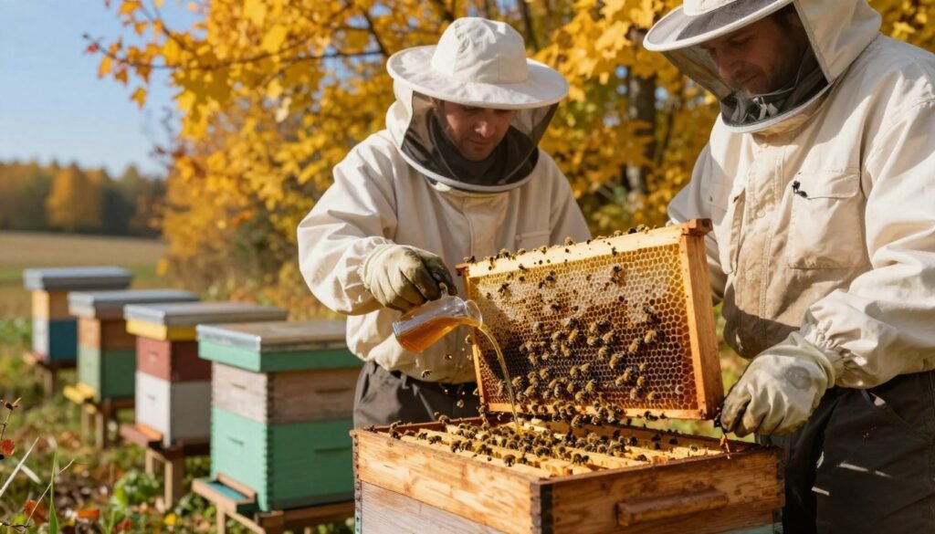 A serene autumn scene depicting a beekeeper in professional attire gently feeding bees in a wooden hive, surrounded by vibrant fall foliage. In the foreground, the beekeeper is carefully pouring sugar syrup into a feeder, with bees buzzing around, showcasing their industrious nature. The middle ground features several hives clustered together, with some open to reveal frames filled with honeycomb, emphasizing the preparation for winter stores. The background includes a softly lit landscape of golden leaves and a clear blue sky, suggesting a crisp, calm day. The composition captures a sense of urgency mixed with care, highlighting the importance of feeding strategies for building colony strength before winter. The atmosphere is peaceful yet purposeful, ideal for understanding winter bee preparation.