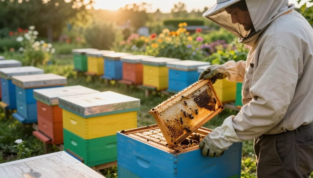 A serene backyard apiary scene during the golden hour, showing a beekeeper in modest casual clothing carefully examining a weak hive set apart from the other vibrant hives in the yard. In the foreground, the beekeeper's gloved hands gently lift the hive's lid, revealing a few bees buzzing around. The middle ground features clearly defined rows of strong hives, painted in vivid colors, contrasting with the tired look of the isolated hive, which is slightly worn and less active. The background showcases a peaceful garden with blooming flowers and lush greenery, bathed in warm sunlight. The mood feels calm yet focused, highlighting the importance of hive health and isolation for the well-being of the apiary. The image should have a soft focus on the background, drawing attention to the beekeeper and the weak hive.