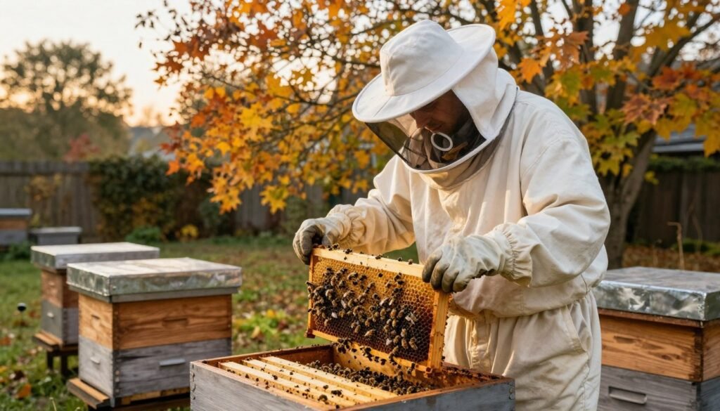A serene backyard scene depicting late-season hive treatment for beekeeping. In the foreground, a beekeeper dressed in a white, professional beekeeping suit, complete with a veil and gloves, carefully examines a honeybee frame filled with busy bees. The middle ground features a wooden beehive with subtle autumn foliage in shades of orange and yellow surrounding it, suggesting a change in season. In the background, tall trees display their late-season colors under soft, golden, late afternoon sunlight, creating a warm and inviting atmosphere. The composition should be captured from a slightly elevated angle, focusing on the interaction between the beekeeper and the hive. The image evokes a sense of diligence and care in maintaining bee health, embodying the theme of late season monitoring and treatment.