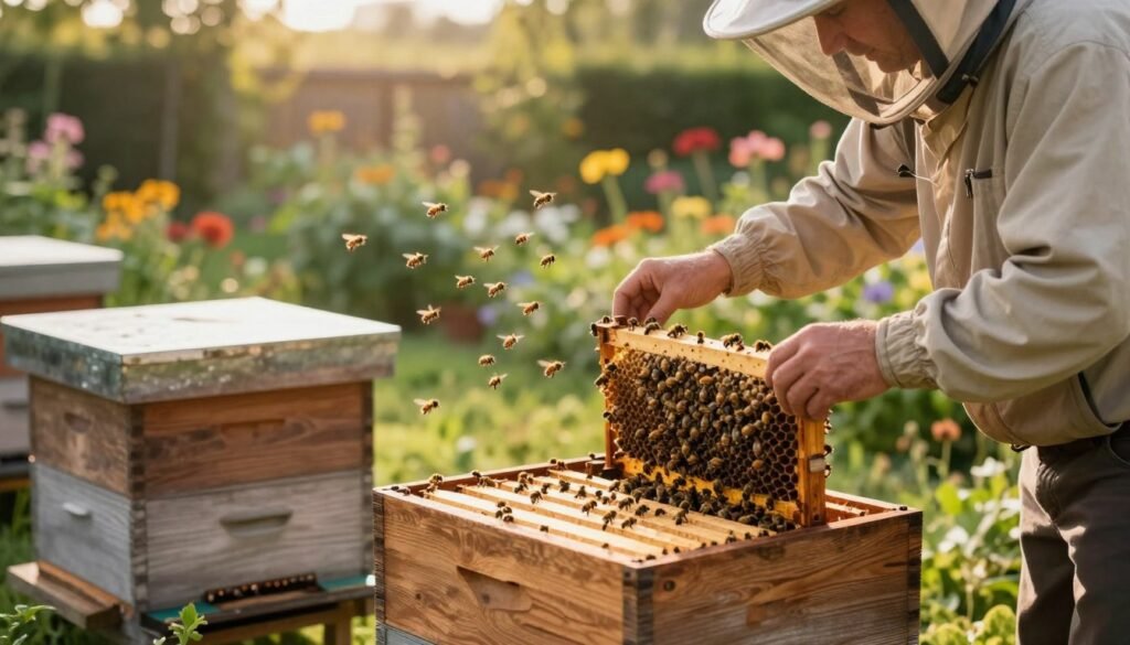 A serene backyard setting with a wooden beehive prominently in the foreground, featuring a beekeeper in modest casual clothing, gently introducing a new queen bee to a well-organized colony. The beekeeper is focused and attentive, holding a queen cage near the hive entrance. In the middle ground, bees are actively flying in a dance-like pattern, showcasing their natural behavior as they approach the new queen. The background includes a lush garden with colorful flowers and greenery, under warm, golden sunlight that creates a soft, inviting atmosphere. The scene is captured with a slightly shallow depth of field using a 50mm lens, highlighting the beekeeper and the hive while softly blurring the distant garden elements, conveying a feeling of calmness and careful process.
