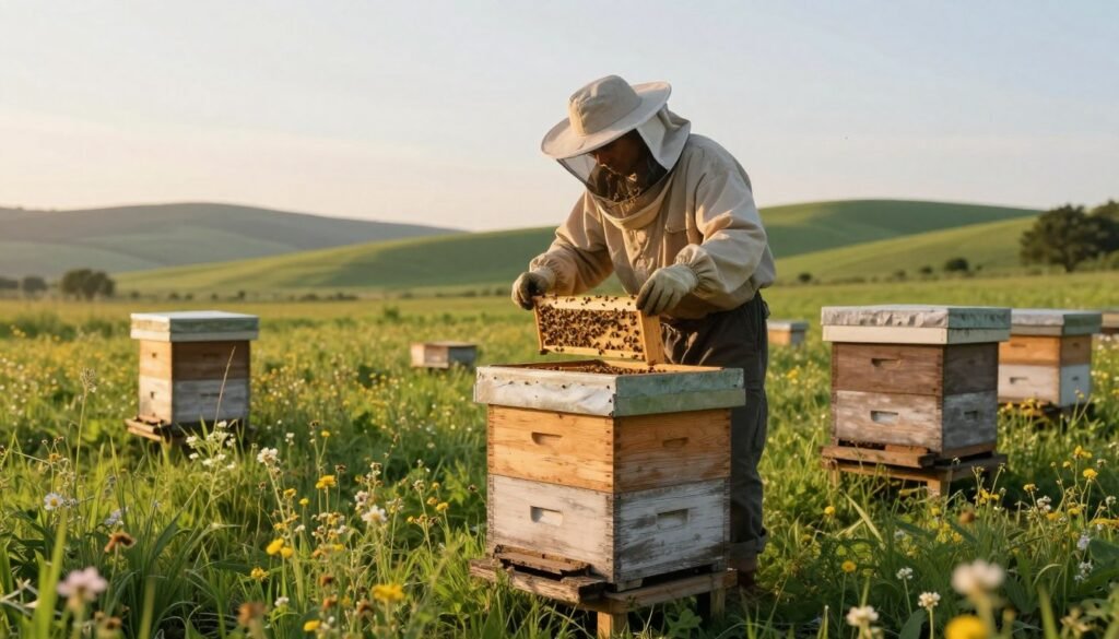 A serene bee apiary nestled in a lush, green meadow under a soft, golden sunrise, symbolizing calm and thoughtful beekeeping practices. In the foreground, a wooden beehive stands, slightly weathered but well-maintained, surrounded by blooming wildflowers attracting bees. The middle ground features a beekeeper in modest casual clothing, carefully inspecting frames, showing a patient demeanor. In the background, gentle rolling hills extend into a clear sky, enhancing the sense of spaciousness and tranquility. The lighting is warm and inviting, casting soft shadows that highlight the details of the scene. The atmosphere is one of mindfulness and deliberation, reflecting the importance of avoiding rushed management goals in beekeeping.