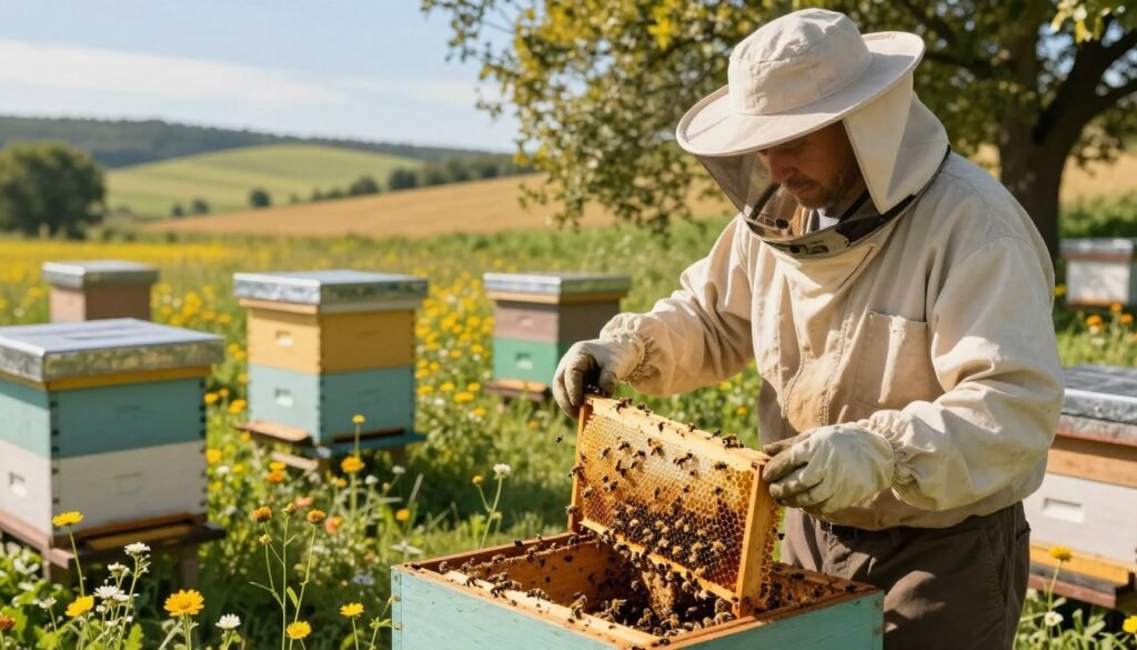 A serene bee farm scene showcasing ethical honey production. In the foreground, a beekeeper in modest, professional clothing is gently inspecting a honeycomb frame, surrounded by buzzing bees. The middle ground features hives painted in soft, earthy colors, nestled among vibrant wildflowers and lush greenery. In the background, a sun-drenched landscape with rolling hills under a clear blue sky enhances the atmosphere of harmony with nature. Soft, golden sunlight filters through the trees, casting warm shadows that create a peaceful ambiance. Capture a sense of sustainability and care for the environment, focusing on the beauty of responsible beekeeping practices. Use a slightly elevated angle to highlight the relationship between the beekeeper and the bees, evoking a warm, inviting mood.