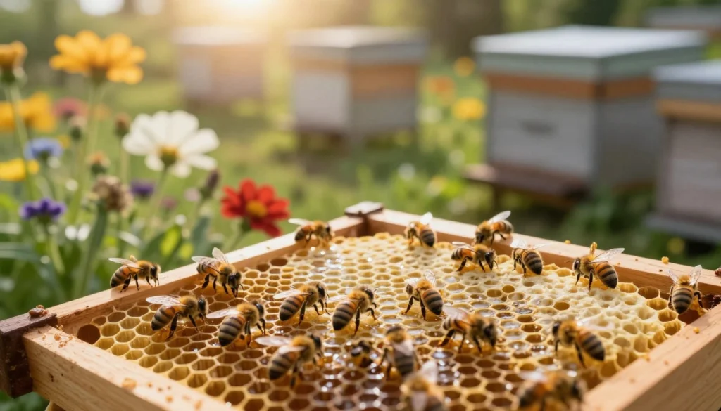 A serene bee garden scene illustrating bees actively engaged in wax production. In the foreground, a close-up of a honeycomb frame is shown, glistening with fresh wax, while busy bees meticulously work on constructing hexagonal cells. In the middle ground, vibrant flowers bloom, providing essential nectar sources, surrounded by lush greenery. The background features a beehive, subtly blending into the natural habitat, with sunlight streaming through the leaves, casting a warm, inviting glow across the scene. The focus is clear and detailed on the bees and the honeycomb, creating a sense of tranquility and productivity, emphasizing the importance of a nurturing environment for encouraging wax production. The overall mood is peaceful, fostering appreciation for nature's collaborative efforts. A serene bee garden scene illustrating bees actively engaged in wax production