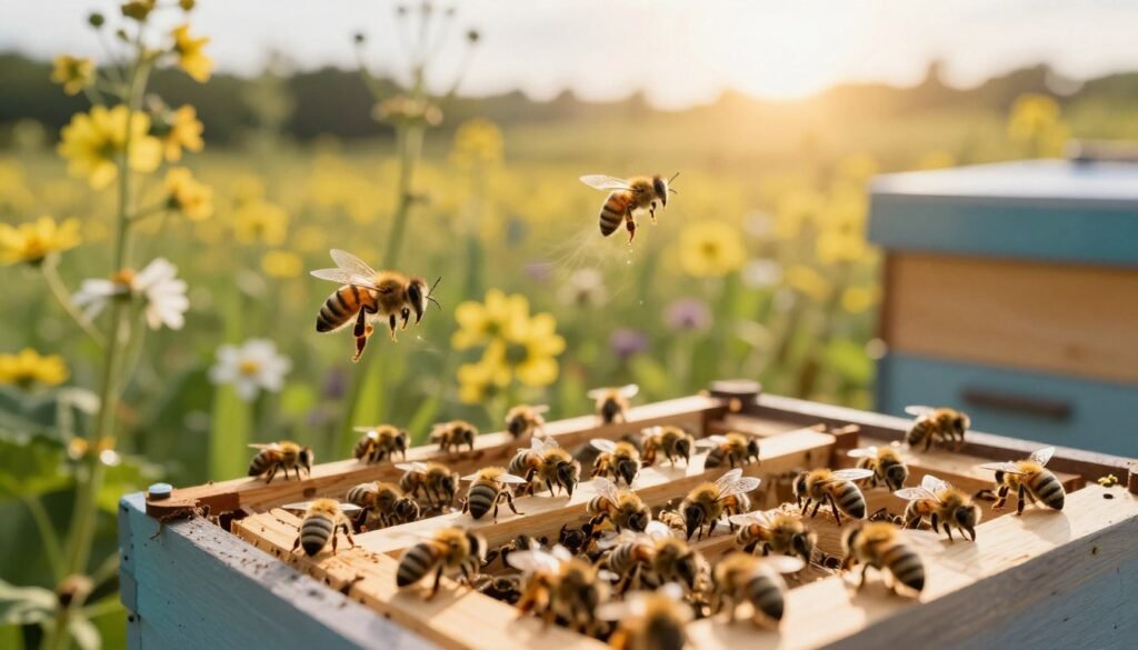 A serene bee garden with a close-up of a bee hive is in the foreground, emphasizing healthy bees working diligently. In the middle ground, detailed illustrations of Varroa mites highlighted on bees or within the hive frames, demonstrating the pest's impact. In the background, a lush landscape of flowering plants is bathed in warm, golden sunlight, symbolizing the peak activity months for beekeepers. The lighting is soft yet vibrant, creating a hopeful and educational mood, while a gentle breeze seems to rustle the leaves. Use a macro lens effect to focus on the mites and bees, ensuring a clear and striking contrast between the critters and the thriving hive environment. The atmosphere should evoke a sense of urgency and importance about the timing of treatment in beekeeping. A serene bee garden with a close-up of a bee hive is in the foreground, emphasizing healthy bees working diligently. In the middle ground, detailed illustrations of Varroa mites highlighted on bees or within the hive frames, demonstrating the pest's impact. In the background, a lush landscape of flowering plants is bathed in warm, golden sunlight, symbolizing the peak activity months for beekeepers. The lighting is soft yet vibrant, creating a hopeful and educational mood, while a gentle breeze seems to rustle the leaves. Use a macro lens effect to focus on the mites and bees, ensuring a clear and striking contrast between the critters and the thriving hive environment. The atmosphere should evoke a sense of urgency and importance about the timing of treatment in beekeeping.