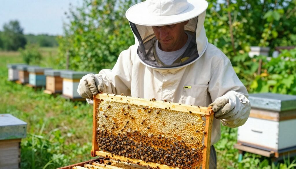 A serene bee monitoring environment showcasing a beekeeper in professional attire, carefully examining a sticky board used for Varroa mite counts. In the foreground, visualize the sticky board covered with captured mites, under a bright, clear light that highlights the textures and details. The middle ground features the beekeeper, focused and methodical, wearing gloves and a protective veil. Surrounding them, lush green foliage represents a healthy environment, while beehives are neatly aligned in the background, creating a sense of order and harmony. The overall atmosphere conveys diligence and care, emphasizing the importance of monitoring for colony health, with soft, natural lighting that enhances the peaceful setting.