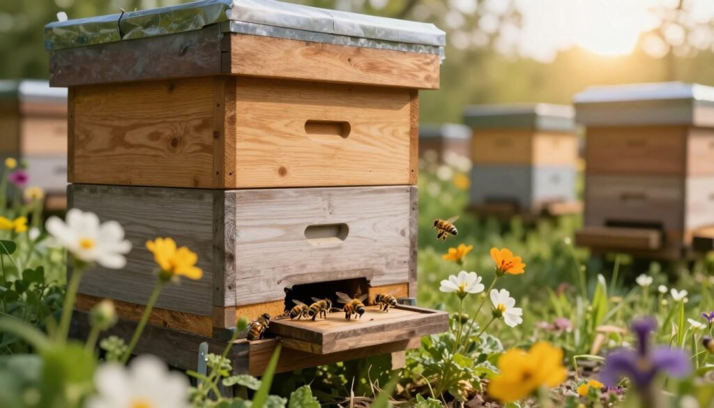 A serene beehive entrance nestled in a lush garden setting, the hive constructed from natural wood with a smooth finish, featuring a well-defined entrance hole surrounded by vibrant flowers. In the foreground, bees are actively flying in and out of the entrance, showcasing their busy foraging behavior. In the middle ground, a soft focus on additional hives, emphasizing a variety of entrance designs. The background reveals a sunlit vista with gentle greenery and the warm glow of a late afternoon sun, casting soft shadows that enhance tranquility. The image captures a peaceful yet industrious atmosphere, emphasizing the importance of positioning in hive management. Vivid colors and delicate details should evoke a sense of harmony with nature.