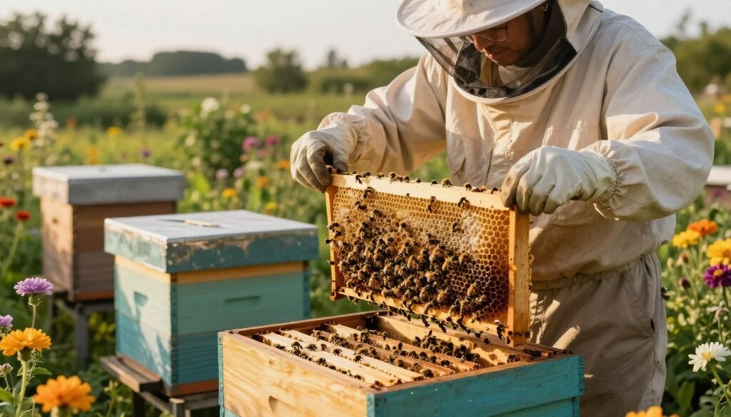 A serene beehive in a lush garden setting, with vibrant flowers blooming around it. In the foreground, focus on an open hive, showcasing healthy frames filled with bees working diligently. The middle section features a beekeeper in professional attire, gently inspecting the frames for optimal brood distribution, highlighting careful management practices. In the background, a soft-focus landscape of greenery and distant trees creates a tranquil atmosphere. The lighting is warm and natural, suggesting late afternoon, casting gentle shadows while emphasizing the golden tones of the bees and honeycombs. The mood is calm yet focused, reflecting the importance of risk management during the equalization process in beekeeping. A serene beehive in a lush garden setting, with vibrant flowers blooming around it. In the foreground, focus on an open hive, showcasing healthy frames filled with bees working diligently. The middle section features a beekeeper in professional attire, gently inspecting the frames for optimal brood distribution, highlighting careful management practices. In the background, a soft-focus landscape of greenery and distant trees creates a tranquil atmosphere. The lighting is warm and natural, suggesting late afternoon, casting gentle shadows while emphasizing the golden tones of the bees and honeycombs. The mood is calm yet focused, reflecting the importance of risk management during the equalization process in beekeeping.