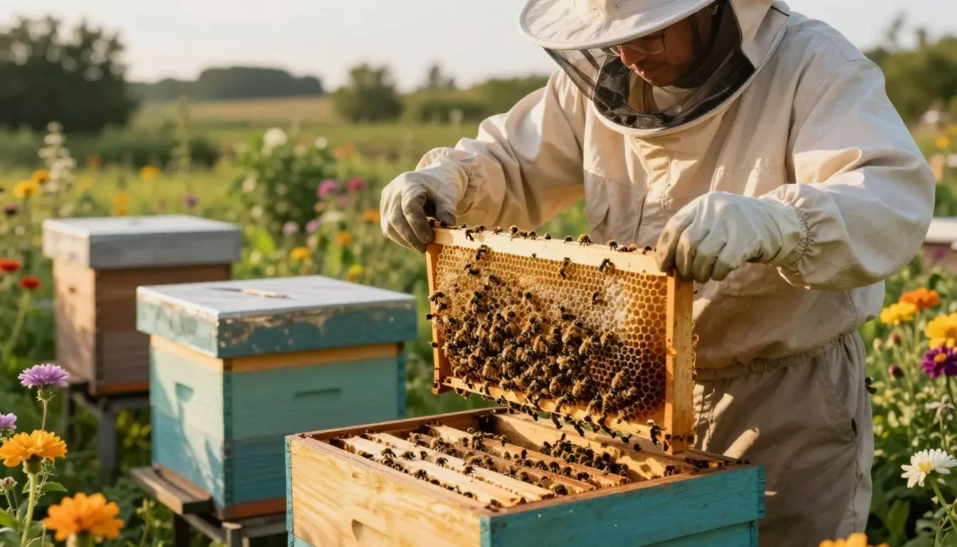A serene beehive in a lush garden setting, with vibrant flowers blooming around it