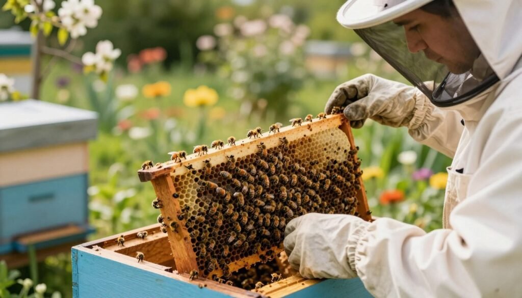 A serene beehive scene depicting a beekeeping expert gently requeening a queen colony. In the foreground, the beekeeper, dressed in protective gear, focuses intently on the frame of bees, showcasing the delicate act of introducing a new queen bee. In the middle ground, a close-up view of the hive reveals busy worker bees and the old queen being carefully removed. The background captures a lush garden, with blooming flowers and soft sunlight filtering through greenery, creating an inviting and warm atmosphere. The lighting is bright and natural, emphasizing the intricate details of the bees and the hive. The overall mood conveys a sense of care, attention, and the importance of maintaining a healthy bee colony. A serene beehive scene depicting a beekeeping expert gently requeening a queen colony. In the foreground, the beekeeper, dressed in protective gear, focuses intently on the frame of bees, showcasing the delicate act of introducing a new queen bee. In the middle ground, a close-up view of the hive reveals busy worker bees and the old queen being carefully removed. The background captures a lush garden, with blooming flowers and soft sunlight filtering through greenery, creating an inviting and warm atmosphere. The lighting is bright and natural, emphasizing the intricate details of the bees and the hive. The overall mood conveys a sense of care, attention, and the importance of maintaining a healthy bee colony.