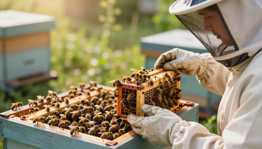 A serene beehive scene depicting a skilled beekeeper gently introducing a new queen bee into a colony. In the foreground, the beekeeper, wearing a protective suit and veil, carefully holds a small queen cage, showcasing a vibrant, healthy queen bee surrounded by worker bees. The middle ground features a diverse swarm of bees, actively engaged in their environment, displaying various shades of brown and golden hues. In the background, lush greenery and soft sunlight filter through, creating a warm, inviting atmosphere. The lighting is bright yet soft, capturing the ethereal beauty of the hive. The image conveys a calm and hopeful mood, symbolizing the harmony and balance of requeening. Use a shallow depth of field to highlight the interaction between the beekeeper and the colony, emphasizing the importance of this moment in beekeeping practices.
