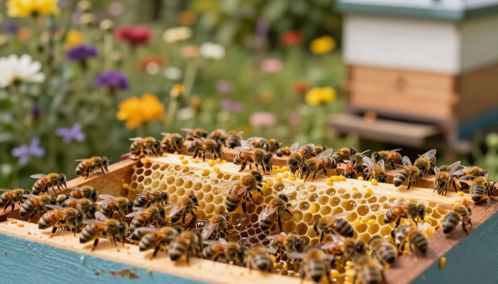 A serene beehive scene depicting the interior of a well-organized large colony with two queens, surrounded by focused worker bees actively managing their tasks. In the foreground, a close-up view of a queen on her brood frame, surrounded by calm, attentive workers forming a protective formation. The middle area features vibrant honeycomb structures, showcasing bees diligently working on cells filled with honey and pollen, emphasizing teamwork and order. In the background, the hive entrance opens to a lush garden filled with diverse flowers, symbolizing harmony and abundance. The scene is bathed in warm, soft lighting to create a peaceful atmosphere, highlighting the importance of cooperation in preventing swarm mentality. Use a shallow depth of field to focus on the queens and the worker bees, capturing their collaborative spirit.