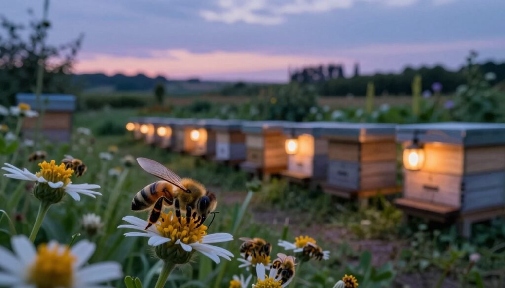A serene beehive scene during twilight, emphasizing strategic timing for overnight pollination moves. In the foreground, several busy bees are seen transferring pollen between vibrant wildflowers, their delicate wings catching the fading sunlight. The middle ground features a neatly organized row of wooden beehives, illuminated by a soft glow from strategically placed lanterns, creating an inviting and industrious atmosphere. The background showcases a lush garden with dusk settling in, soft blues and purples in the sky, hinting at the approach of night. The angle is slightly elevated, offering a panoramic view of these elements. The overall mood conveys a sense of calm efficiency, highlighting the importance of timing in the natural world.