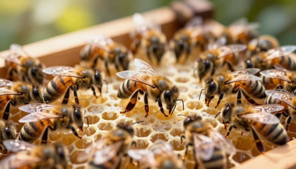 A serene beehive scene, focused on a calm Queen bee at the center, surrounded by attentive worker bees exhibiting signs of patience. Foreground features vibrant, intricate details of bees, highlighting their varied expressions. In the middle, a softly illuminated section of the hive showcases honeycomb, where some bees are seen grooming others, creating an atmosphere of care and cooperation. The background is a blurred, natural setting with gentle sunlight filtering through leaves, enhancing the warm, nurturing mood of the scene. The image is captured from a slightly elevated angle with a shallow depth of field, emphasizing the close-knit interactions among the bees while maintaining an overall harmonious aesthetic.
