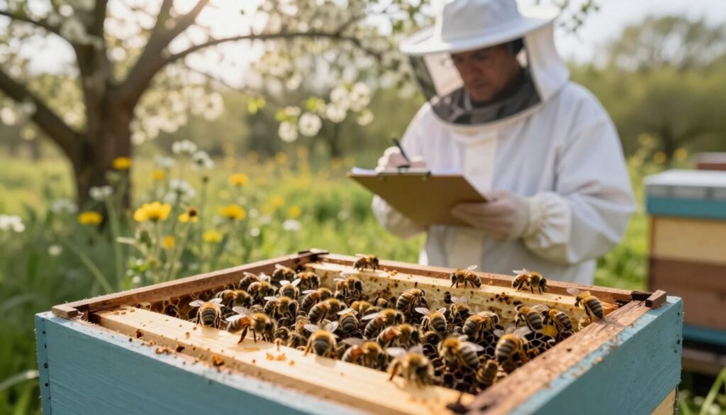 A serene beehive scene focusing on the process of monitoring hive recovery after introducing a new queen bee. In the foreground, a close-up view of a wooden beehive partially open, showcasing diligent bees gathering around a newly emerged queen, highlighting her distinctive elongated abdomen and golden color. In the middle ground, a beekeeper wearing a white protective suit and veil attentively observes the hive with a clipboard in hand, taking notes on hive activity, surrounded by gentle light filtering through tree branches. In the background, blooming wildflowers and sunlit greenery create a tranquil atmosphere, suggesting a healthy ecosystem. The lighting is soft and warm, enhancing the sense of calm and care in this natural setting. The angle is slightly elevated to capture both the hive and the beekeeper's focused expression without any distractions or overlays.