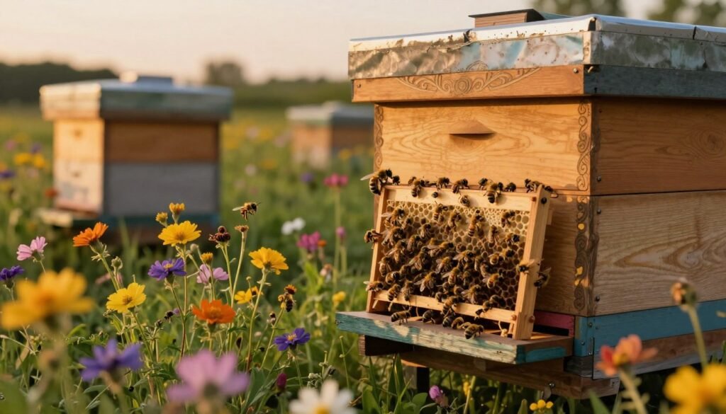 A serene beehive scene set against a soft, golden twilight backdrop, showcasing two queens delicately surrounded by busy worker bees. In the foreground, vibrant, colorful wildflowers bloom, indicating the nectar flow, with bees actively collecting pollen. In the middle ground, an ornate wooden hive is adorned with intricate details and painted a warm, inviting color. The light filters through the flowers, casting gentle shadows and creating a warm, peaceful atmosphere. The background features lush greenery, suggesting a thriving ecosystem. The composition captures the harmony of nature and the importance of timing in beekeeping, with a focus on the diligent activity of the bees. Use a slightly elevated angle to give depth, capturing the essence of teamwork in a beehive.