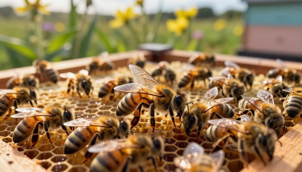 A serene beehive setting during the golden hour, capturing the essence of a thriving colony. In the foreground, a freshly emerged new queen bee, adorned with striking golden stripes and vibrant, shimmering wings, navigates through a cluster of busy worker bees, showcasing her importance. The middle ground features wooden frames filled with hexagonal honeycomb, glistening under the soft, warm light, while some workers gently feed and groom the new queen. In the background, lush green foliage and blooming flowers create a lively, natural atmosphere, enhancing the hive's vibrancy. The atmosphere is filled with a sense of hope and renewal, with a focus on harmony within the colony. The image should have soft, natural lighting and be taken from a slightly elevated angle, highlighting the intricate details of the bees and their environment.