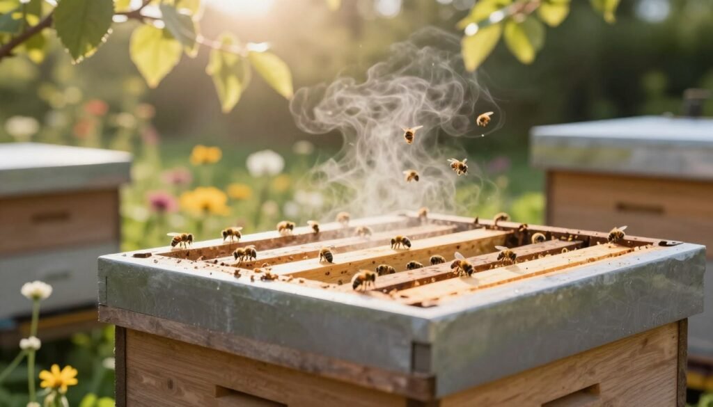 A serene beehive setting showcasing effective ventilation techniques. In the foreground, a close-up view of a modern beehive with strategically placed ventilation openings, allowing fresh air to flow through. The middle ground features bees actively working around the hive, demonstrating their natural behavior while benefiting from improved moisture control. The background presents a lush garden with flowering plants, bathed in soft, warm sunlight filtering through leafy branches, creating a tranquil atmosphere. Use a slightly upward angle to capture the hive's height and emphasize the airflow. The mood is peaceful and industrious, highlighting the importance of ventilation in maintaining hive health. The lighting is natural, emphasizing the details of the hive and surrounding flora.