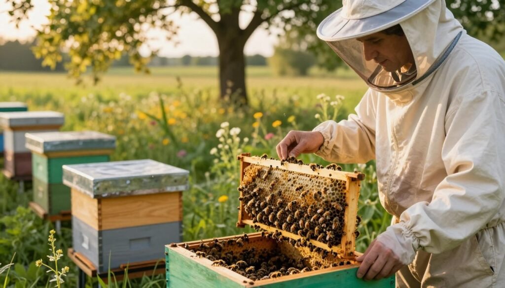 A serene beekeeper in a professional outfit carefully inspecting a vibrant beehive, surrounded by lush greenery. In the foreground, focus on the beekeeper's hand gently lifting a frame of fresh brood comb filled with worker bees actively tending to their young. The middle ground shows a cluster of beehives, bathed in warm golden sunlight filtering through the trees, enhancing a sense of tranquility and harmony. In the background, a soft blurred landscape of wildflowers and tall grass adds depth, symbolizing the natural ecosystem undergoing recovery. The atmosphere is calm and nurturing, evoking feelings of support and resilience in the bee colony’s new phase of life. The image is captured in a wide-angle format, emphasizing the interconnection between the beekeeper and the flourishing colony.