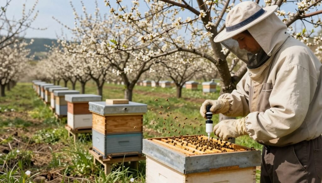 A serene beekeeping apiary in early spring, showcasing a row of hives surrounded by blooming flowers and trees, representing seasonal management. In the foreground, a beekeeper in modest casual clothing gently applies oxalic acid treatment, demonstrating the careful timing of treatments. The middle ground features vibrant bees actively buzzing around the hives, highlighting their vital role in pollination. Soft, natural lighting filters through the trees, creating a warm and inviting atmosphere. The background is filled with a clear blue sky and distant rolling hills, conveying a sense of tranquility and harmony with nature. The composition captures the essence of seasonal management in beekeeping, focusing on the careful approach to pest treatment. A serene beekeeping apiary in early spring, showcasing a row of hives surrounded by blooming flowers and trees, representing seasonal management. In the foreground, a beekeeper in modest casual clothing gently applies oxalic acid treatment, demonstrating the careful timing of treatments. The middle ground features vibrant bees actively buzzing around the hives, highlighting their vital role in pollination. Soft, natural lighting filters through the trees, creating a warm and inviting atmosphere. The background is filled with a clear blue sky and distant rolling hills, conveying a sense of tranquility and harmony with nature. The composition captures the essence of seasonal management in beekeeping, focusing on the careful approach to pest treatment.