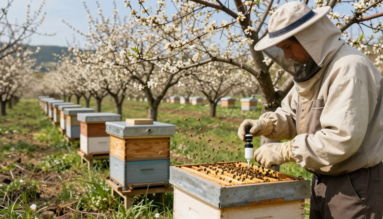 A serene beekeeping apiary in early spring, showcasing a row of hives surrounded by blooming flowers and trees, representing
