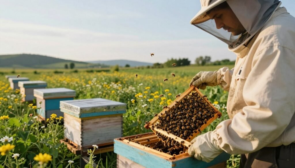 A serene beekeeping landscape during the treatment period, showcasing a beekeeper in professional attire, calmly observing hives with a focus on maintaining a stress-free environment for the bees. In the foreground, the beekeeper gently lifts a hive frame filled with bees, creating a sense of care and attention. The middle ground features lush greenery, flowering plants, and a clear sky, all symbolizing an ideal habitat free of stressors. The background includes distant hills and a tranquil atmosphere, illuminated by soft, warm sunlight, enhancing the peaceful mood. Use a wide-angle lens to capture the expanse of the scene with a focus on the details of the bees and flowers, creating an inviting and nurturing ambiance.