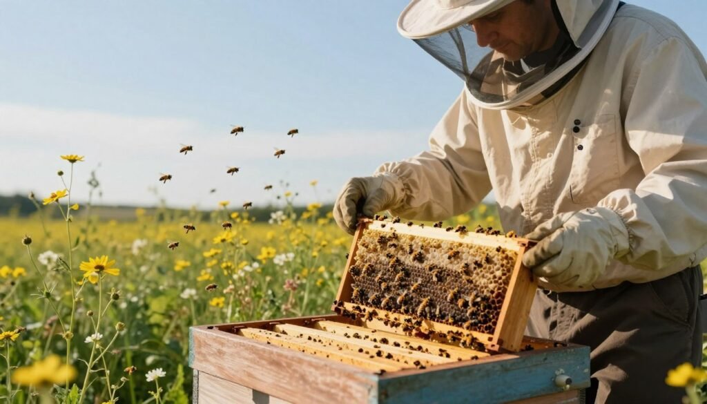 A serene beekeeping landscape featuring a detailed certification hive in the foreground, with a professional beekeeper in modest, business-appropriate attire inspecting the hive. The beekeeper is carefully studying the frames, highlighting the importance of training and certification. In the middle ground, lush wildflowers and bees in flight create a vibrant and dynamic atmosphere. The background showcases a clear blue sky with soft, warm sunlight filtering through, casting gentle shadows. The scene captures a sense of dedication to craft and continued learning, emphasizing a calm yet focused mood. A macro lens perspective adds depth to the hive details, ensuring clarity in the beekeeper’s actions and the hive’s intricate structures.