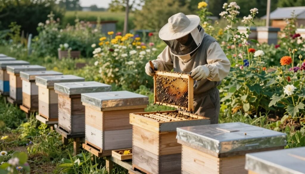 A serene beekeeping landscape showcasing long-term hive management. In the foreground, a neatly organized apiary with multiple beehives, each labeled with standard frames—deep and medium—visible side by side. In the middle ground, a beekeeper in modest casual clothing examines a brood frame, using tools like a hive tool and smoker, demonstrating a careful and methodical approach. The background features a lush garden with flowering plants, creating a vibrant setting that supports healthy bee activity. Soft, warm sunlight casts gentle shadows, enhancing the calm and focused atmosphere of sustainable beekeeping practices, captured from a slightly elevated angle to provide a comprehensive view of the setup.
