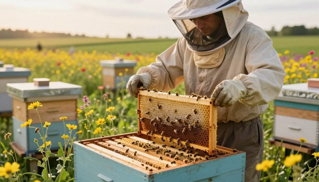 A serene beekeeping scene capturing the essence of managing seasonal nectar flows. In the foreground, a well-maintained apiary with plastic frames filled with honeycomb, surrounded by busy honeybees actively foraging and pollinating vibrant wildflowers. The middle ground features a beekeeper in a simple, functional outfit, gently inspecting the hives, with a look of concentration and care. In the background, lush green fields and colorful blooms stretch towards the horizon under a soft, golden-hued sunlight, imparting a warm, inviting atmosphere. The image should have a shallow depth of field to create focus on the beekeeper and the bees, while gently blurring the distant landscape. The overall mood is harmonious and productive, reflecting the importance of effective nectar flow management in beekeeping.