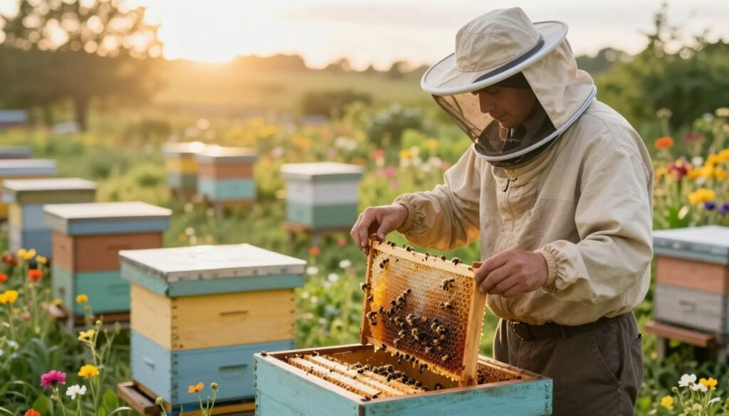 A serene beekeeping scene depicting a dedicated beekeeper tending to vibrant, thriving hives in a lush garden. In the foreground, the beekeeper, dressed in modest casual clothing and a protective veil, gently inspects a honeycomb frame, showcasing glistening honey and busy bees collecting nectar. The middle ground features multiple wooden beehives, painted in soft natural colors, surrounded by colorful wildflowers and green foliage. In the background, a sunlit sky casts warm golden light over the scene, enhancing the natural beauty of the setting. The atmosphere evokes tranquility and harmony with nature, highlighting the balance of beekeeping philosophies in a peaceful outdoor environment. Shot with a soft-focus lens to create a dreamy quality, emphasizing the connection between the beekeeper and the bees. A serene beekeeping scene depicting a dedicated beekeeper tending to vibrant, thriving hives in a lush garden. In the foreground, the beekeeper, dressed in modest casual clothing and a protective veil, gently inspects a honeycomb frame, showcasing glistening honey and busy bees collecting nectar. The middle ground features multiple wooden beehives, painted in soft natural colors, surrounded by colorful wildflowers and green foliage. In the background, a sunlit sky casts warm golden light over the scene, enhancing the natural beauty of the setting. The atmosphere evokes tranquility and harmony with nature, highlighting the balance of beekeeping philosophies in a peaceful outdoor environment. Shot with a soft-focus lens to create a dreamy quality, emphasizing the connection between the beekeeper and the bees.
