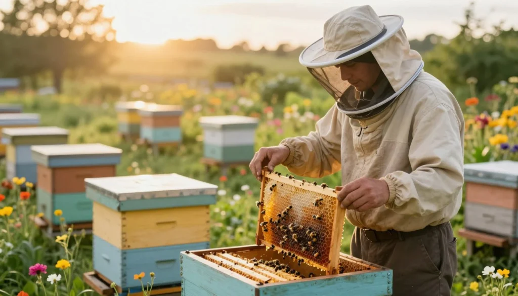 A serene beekeeping scene depicting a dedicated beekeeper tending to vibrant, thriving hives in a lush garden. In the foreground, the beekeeper, dressed in modest casual clothing and a protective veil, gently inspects a honeycomb frame, showcasing glistening honey and busy bees collecting nectar. The middle ground features multiple wooden beehives, painted in soft natural colors, surrounded by colorful wildflowers and green foliage. In the background, a sunlit sky casts warm golden light over the scene, enhancing the natural beauty of the setting. The atmosphere evokes tranquility and harmony with nature, highlighting the balance of beekeeping philosophies in a peaceful outdoor environment. Shot with a soft-focus lens to create a dreamy quality, emphasizing the connection between the beekeeper and the bees. A serene beekeeping scene depicting a dedicated beekeeper tending to vibrant, thriving hives in a lush garden