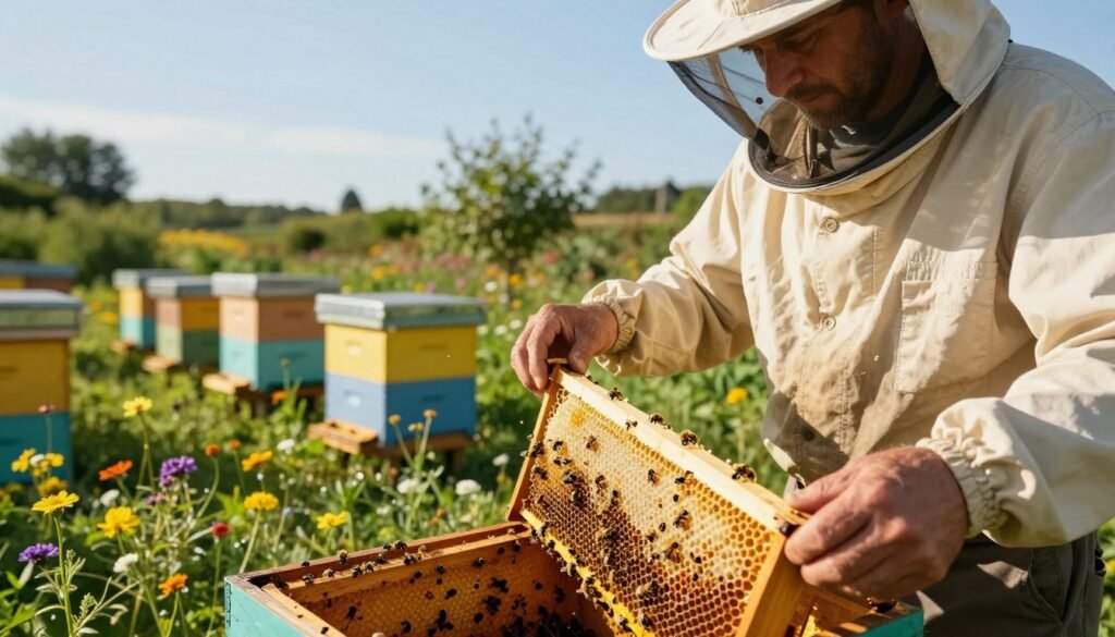 A serene beekeeping scene depicting a knowledgeable beekeeper, dressed in professional attire, inspecting a vibrant beehive in a sunny garden. In the foreground, a close-up shows the beekeeper gently lifting a frame filled with honeycomb, where bees are actively working. In the middle ground, several hives are arranged neatly with lush greenery and colorful wildflowers surrounding them. The background features a clear blue sky and distant trees, enhancing the tranquil atmosphere. The lighting is warm and inviting, casting soft shadows that create depth. The mood is calm and focused, emphasizing the importance of understanding when to intervene in bee behavior to prevent swarming.