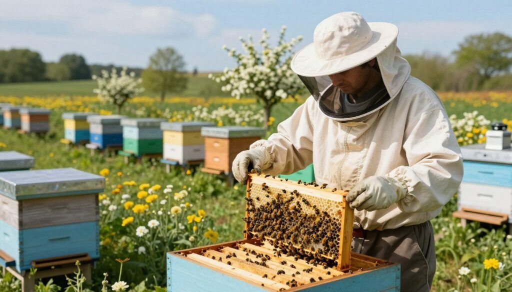 A serene beekeeping scene depicting best practices for new colony management. In the foreground, a beekeeper in professional attire inspects frames from a healthy nuc, showcasing bees actively working. The middle ground features a vibrant apiary with well-maintained hives surrounded by blooming flowers, illustrating a thriving ecosystem. In the background, a lush landscape under a bright blue sky with soft, natural lighting casts gentle shadows to create depth. The atmosphere is one of tranquility and diligence, embodying the harmony between the beekeeper and nature. The composition should focus on the care and attention essential for disease risk management in new colonies, without any text or distractions.