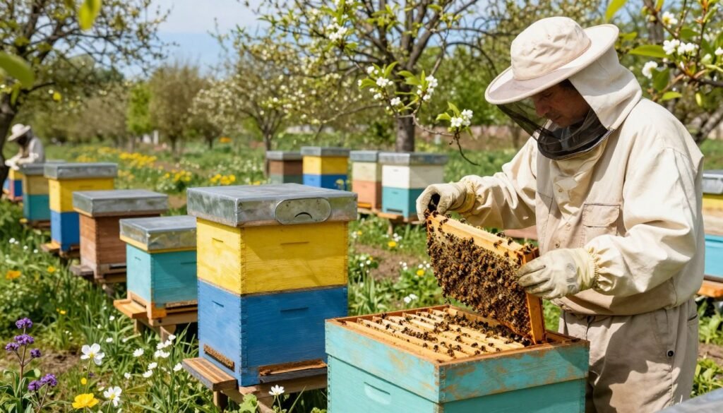 A serene beekeeping scene depicting seasonal hive management. In the foreground, a beekeeper in professional attire examines a vibrant hive filled with busy bees. The middle layer features multiple NUC boxes with their entrance disks prominently displayed, surrounded by blooming flowers and greenery symbolizing spring. The background showcases lush trees and a clear blue sky, suggesting a warm and sunny day. Soft, natural lighting enhances the colors of the bees and the hives, casting gentle shadows on the ground. The atmosphere conveys a sense of peace and harmony with nature, highlighting the importance of seasonal strategies for colony health and productivity. The image should focus solely on the environment and the beekeeping process without any text or distractions.