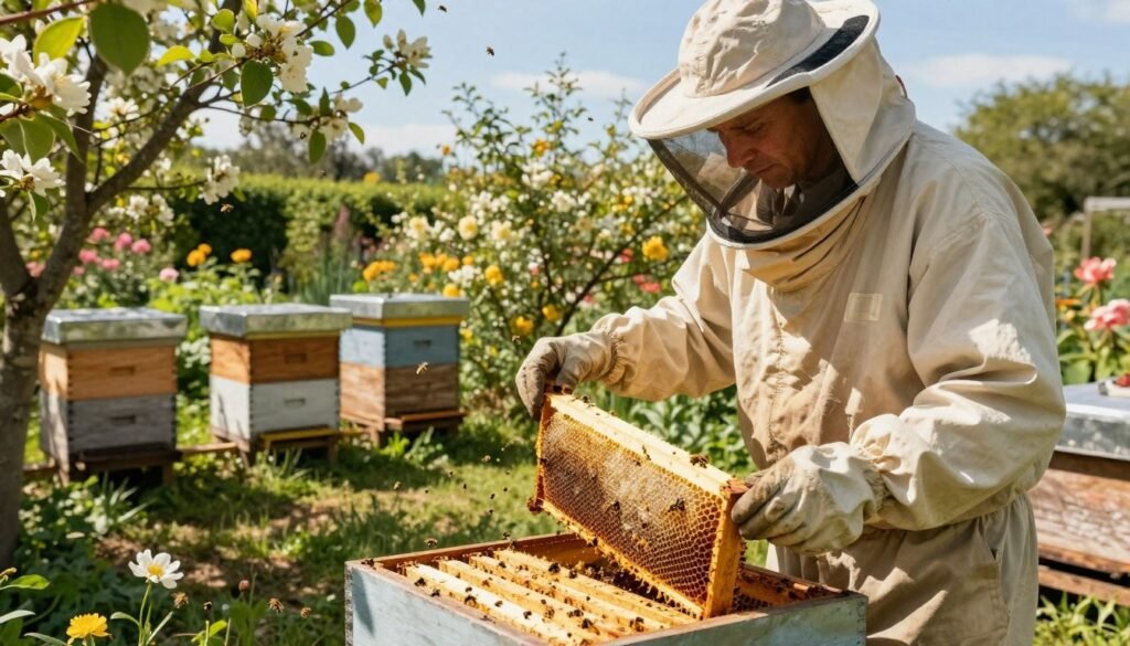 A serene beekeeping scene depicting the preparation of a hive for a new queen. In the foreground, a beekeeper wearing a light-colored, protective suit is gently lifting a frame from the hive, revealing well-organized honeycomb. The beekeeper's focused expression shows expertise and care. In the middle, several wooden beehives are arranged in a lush garden, surrounded by blooming flowers, emphasizing a rich, flourishing environment. Soft, warm sunlight filters through the trees, creating dappled patterns on the ground. In the background, a clear blue sky complements the tranquil atmosphere, while bees buzz actively around the hives, symbolizing productivity. The overall mood is calm yet purposeful, reflecting the diligence needed in requeening during dearth.
