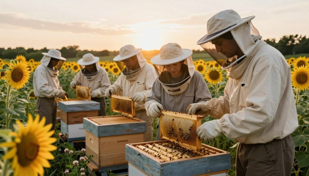 A serene beekeeping scene during a late summer dearth. In the foreground, a beehive is surrounded by a few focused beekeepers in modest casual clothing, inspecting frames filled with honeycomb. Their expressions reflect concentration and care. The middle ground features a vibrant garden of sunflowers and clover, attracting bees but indicating a dwindling nectar supply. Sunset casts a warm, golden hue over the setting, emphasizing the stillness of the moment. In the background, distant trees frame the scene, adding depth. The lighting is soft and natural, with a slight blur on the edges to create a tranquil atmosphere. Overall, the image conveys a sense of vigilance and harmony in bee conservation.