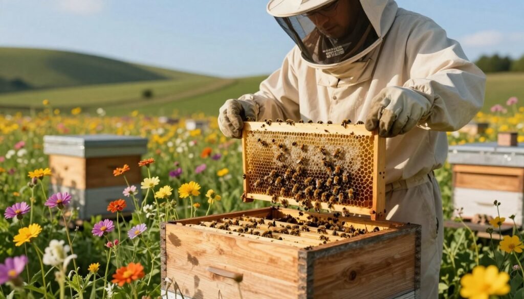 A serene beekeeping scene featuring treatment-free bees actively pollinating vibrant flowers in a lush garden. In the foreground, a wooden beehive adorned with colorful wildflowers, showcasing bees buzzing and entering and exiting the hive. In the middle ground, a beekeeper wearing a light, protective suit examines frames filled with honeycomb, revealing healthy bees without signs of chemical treatments. The background features rolling hills with wildflowers and a clear blue sky, bathed in warm, golden sunlight, casting soft shadows. The atmosphere is peaceful, highlighting the harmony between nature and treatment-free beekeeping practices, evoking a sense of sustainability and care for the environment.