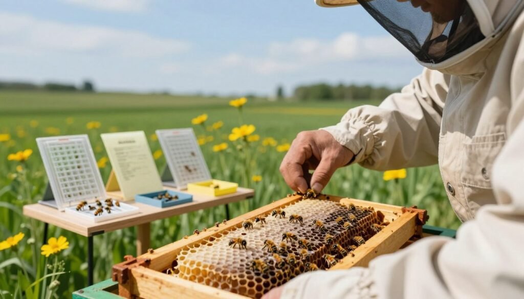 A serene beekeeping scene focused on non-lethal Varroa mite monitoring. In the foreground, a beekeeper in modest casual clothing gently inspects a frame of honeycomb, revealing healthy bees crawling around while a few Varroa mites are visible, depicted harmlessly. In the middle ground, an assortment of monitoring tools like sticky boards and mite traps are set up amid vibrant flowers, highlighting the careful approach to mite testing without harm. The background features lush green fields and a clear blue sky, evoking a sense of peace and awareness in nature. Soft, natural lighting highlights the bees and tools, creating a warm, inviting atmosphere that emphasizes the importance of responsible beekeeping practices.